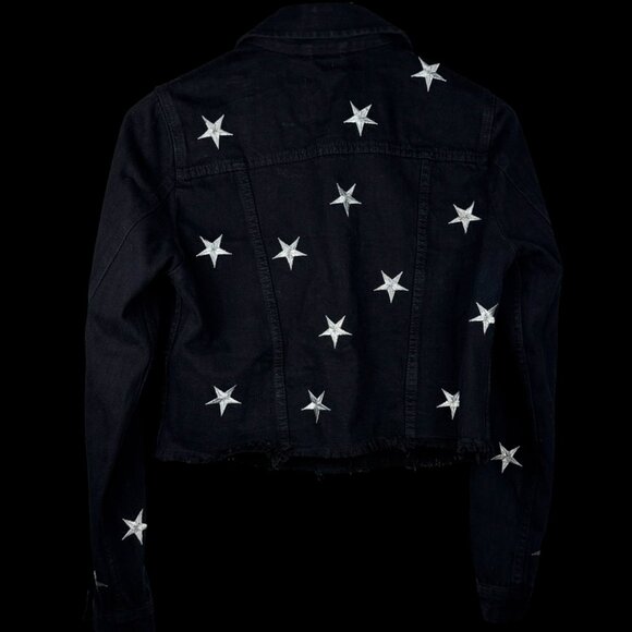 PISTOLA Star Embroidered Denim Jacket S Black Raw Hem Silver Stars Jean Jacket - Picture 8 of 8